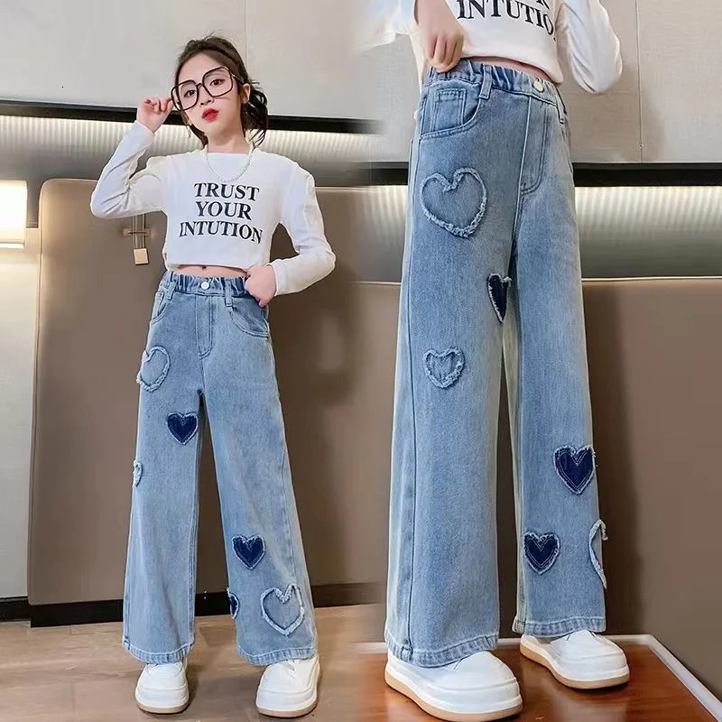 Girls Hole Sale Hanger Jeans Pants Kids Denim Trousers Casual Clothes For Teenagers Girl Spring Winter Trendy Children Clothes 240508