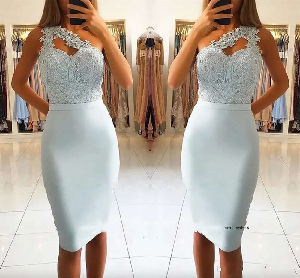 2024 New Short Mini Homecoming Light Sky Blue One Shoulder Lace Appliques Beaded Knee Length Sheath Party Dresses tail Gowns 0509
