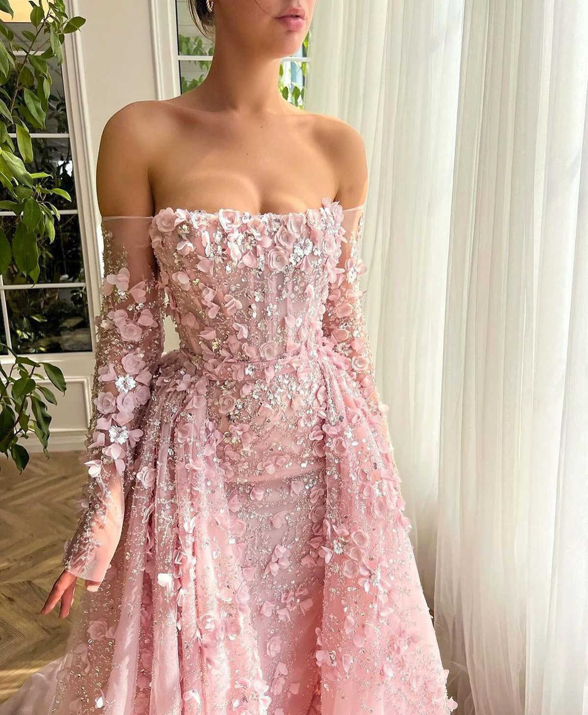 Gorgeous Mermaid Prom Dresses 3D Floral-Appliques Tulle Detachable Train Lace Up Backless Custom Made Plus Size Shining Party Evening Dress Vestido De