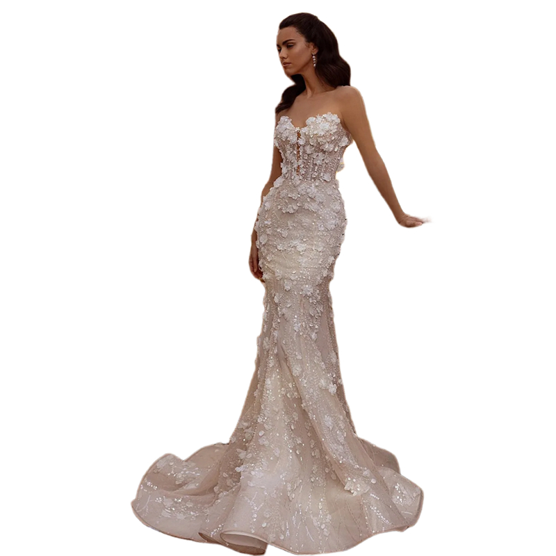 Sparkly Beaded Floral Mermaid Wedding Dresses Illusion Sweetheart Neck Back Buttons Corset Glitter Long Bridal Reception Gowns Engagement Dress