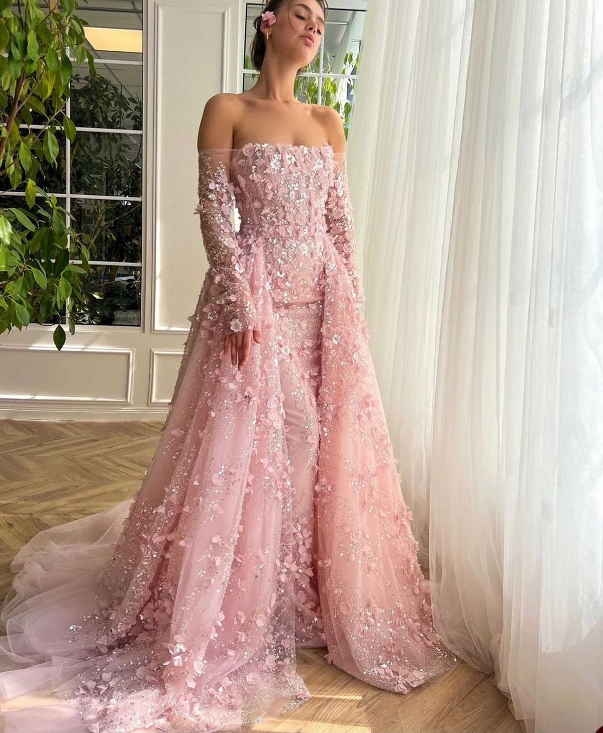 Gorgeous Mermaid Prom Dresses 3D Floral-Appliques Tulle Detachable Train Lace Up Backless Custom Made Plus Size Shining Party Evening Dress Vestido De