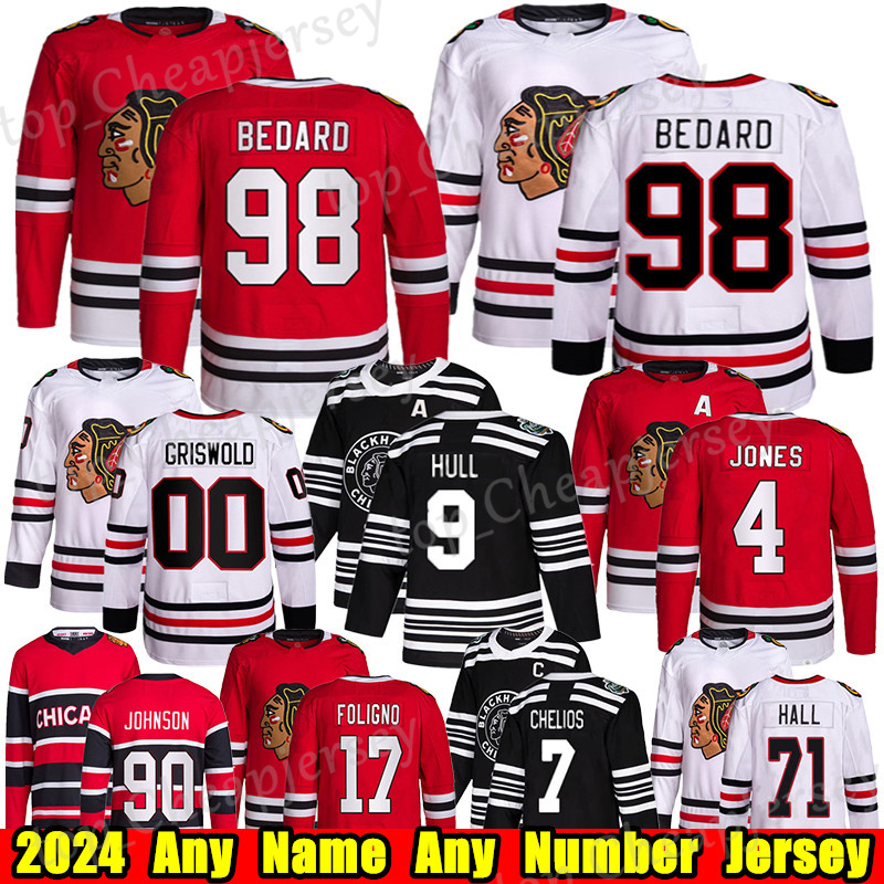 #98 Connor Bedard Chicago Reverse Retro hockey jersey #90 Tyler Johnson Jonathan Toews Taylor Hall Patrick Kane Seth Jones Clark Griswold Blackhawks jerseys