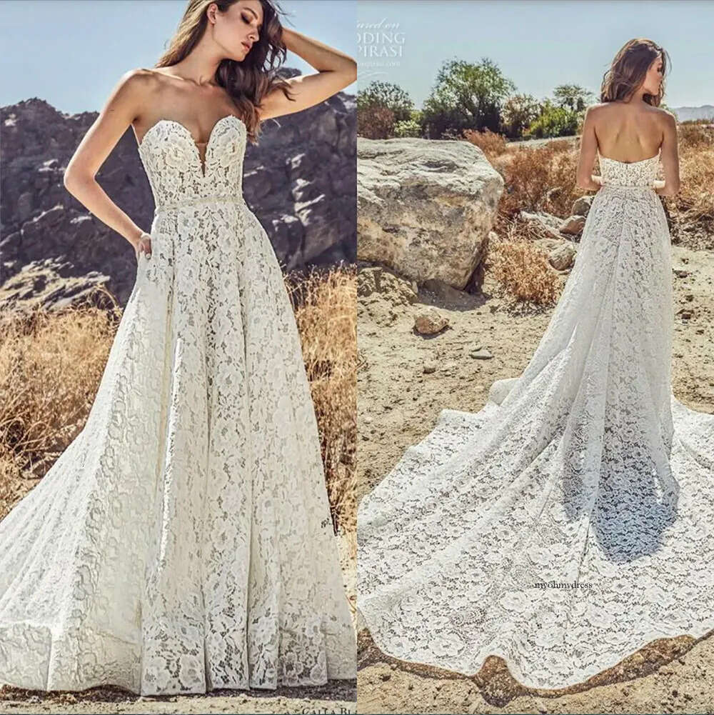 Calla Blanche Beach Dresses Sweetheart Lace Appliqued Sweep Train Boho Wedding Dress A Line Custom Made Vintage Bridal Gowns 0509