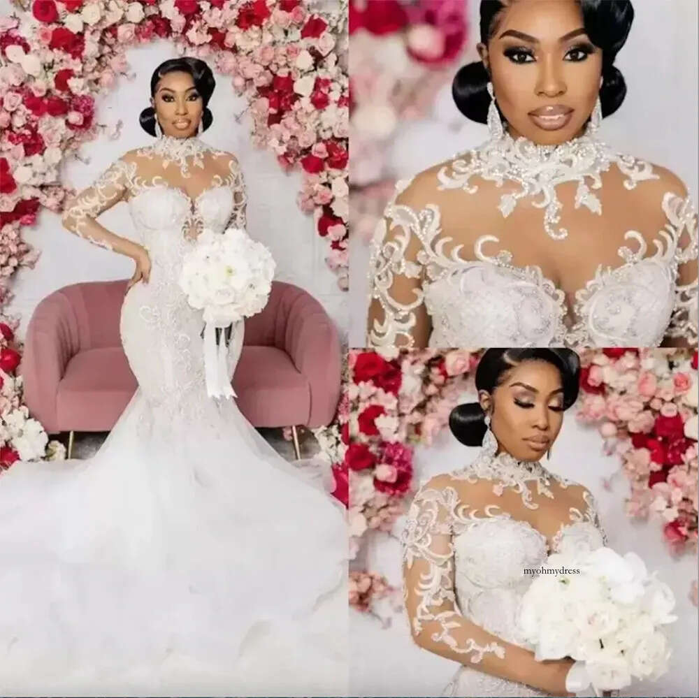 New Year's Modest Mermaid Wedding Dresses Long Sleeves Bridal Gown Beaded Crystals High Neck Lace Applique Sweep Train Custom Made African Plus S