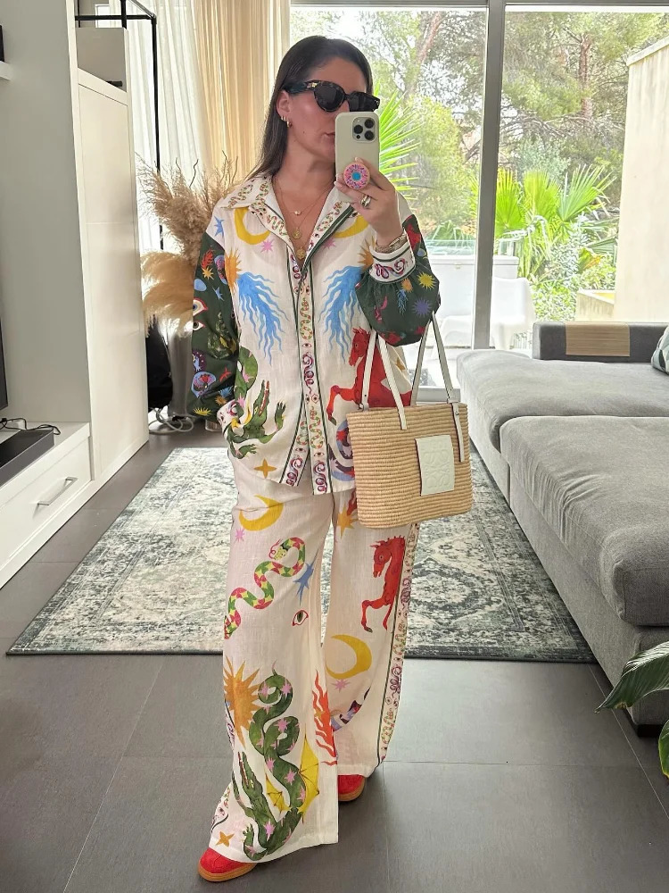 Summer Beach Print Flip Collar Shirt Pants Set Elegant Womens Single breasted Long sleeved Shirt 2-piece Holiday Set 240508