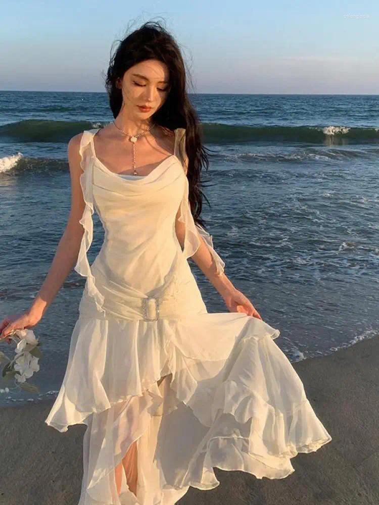 Casual Dresses Beige Elegant Sexy Club Asymmetrical Ruffles Slip For Women Summer Backless Holiday Beach Party Split Long Dress Fashion