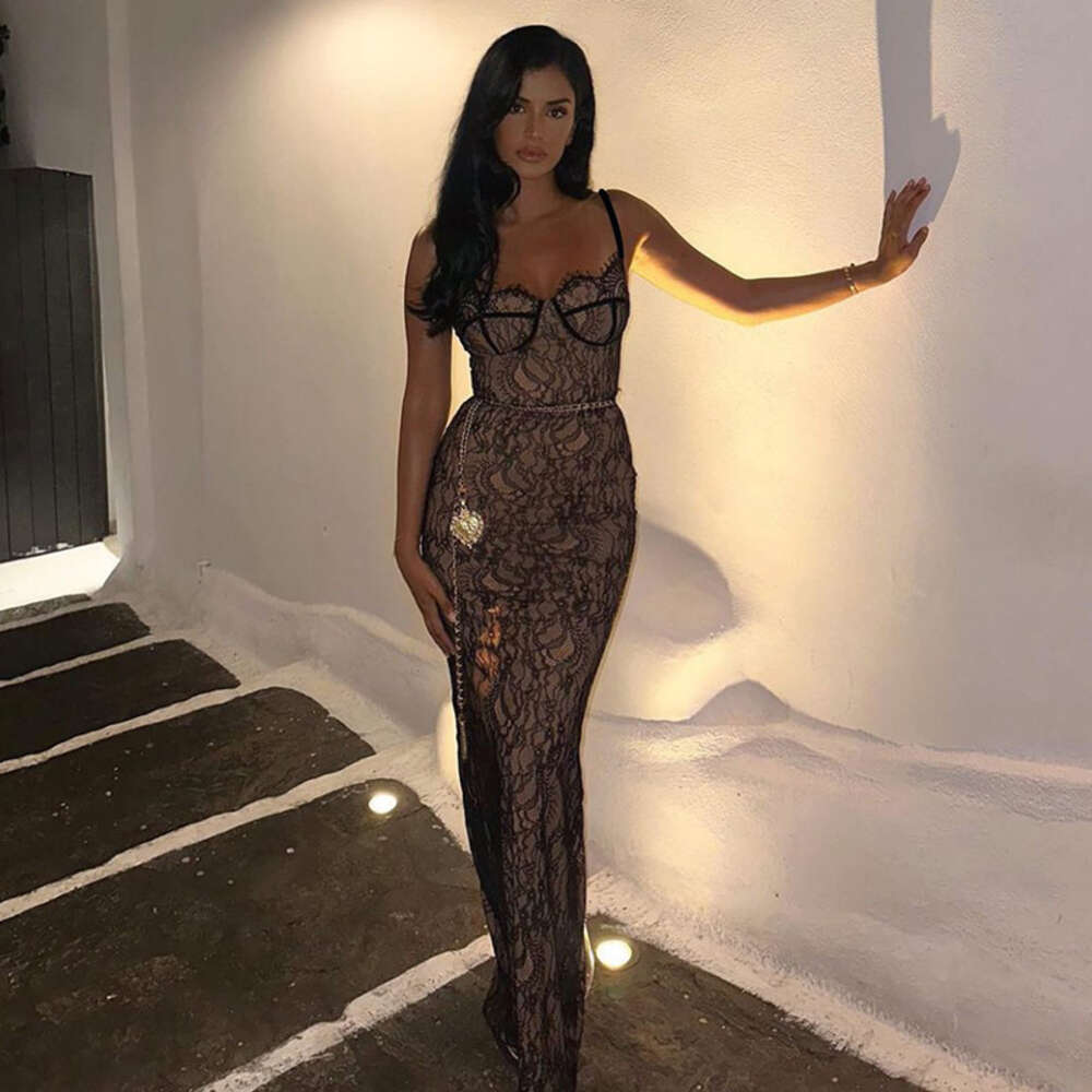 2024 Hot selling New Sexy Spicy Girl Lace Spliced Open Back Suspended Strap Split Long Dress F5964