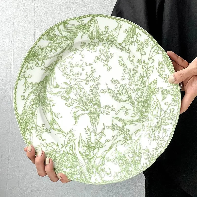 Dishes Plates European Style Jade Green Lily of The Valley Series High-end Exquisite Bone China Western Dining Plate Dessert Plate Tableware 240508 H2
