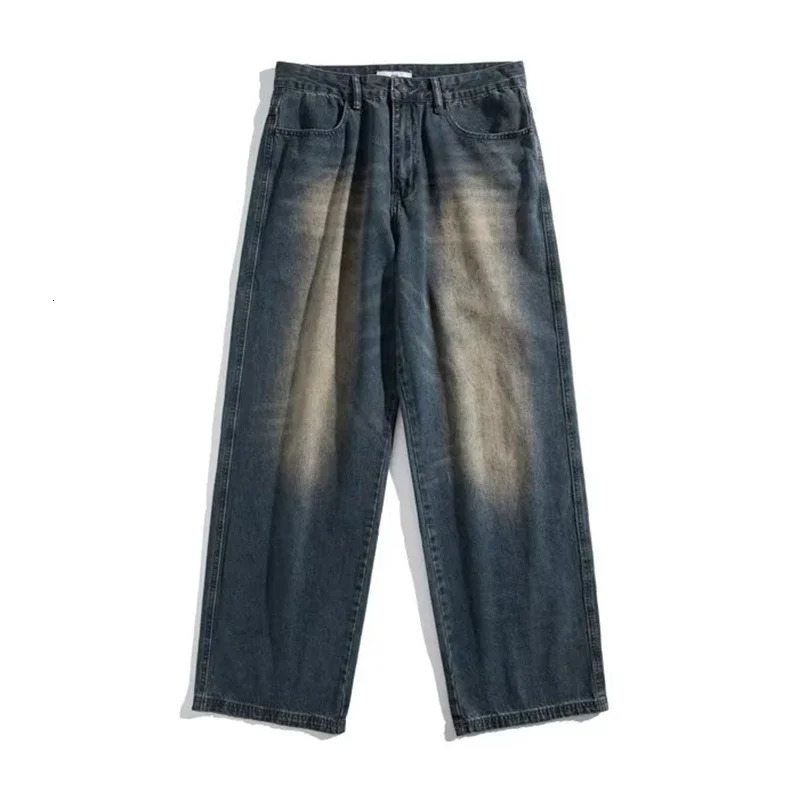 American Retro distressed jeans mens high street straight loose washed wide-leg denim trousers male streetwear 240429