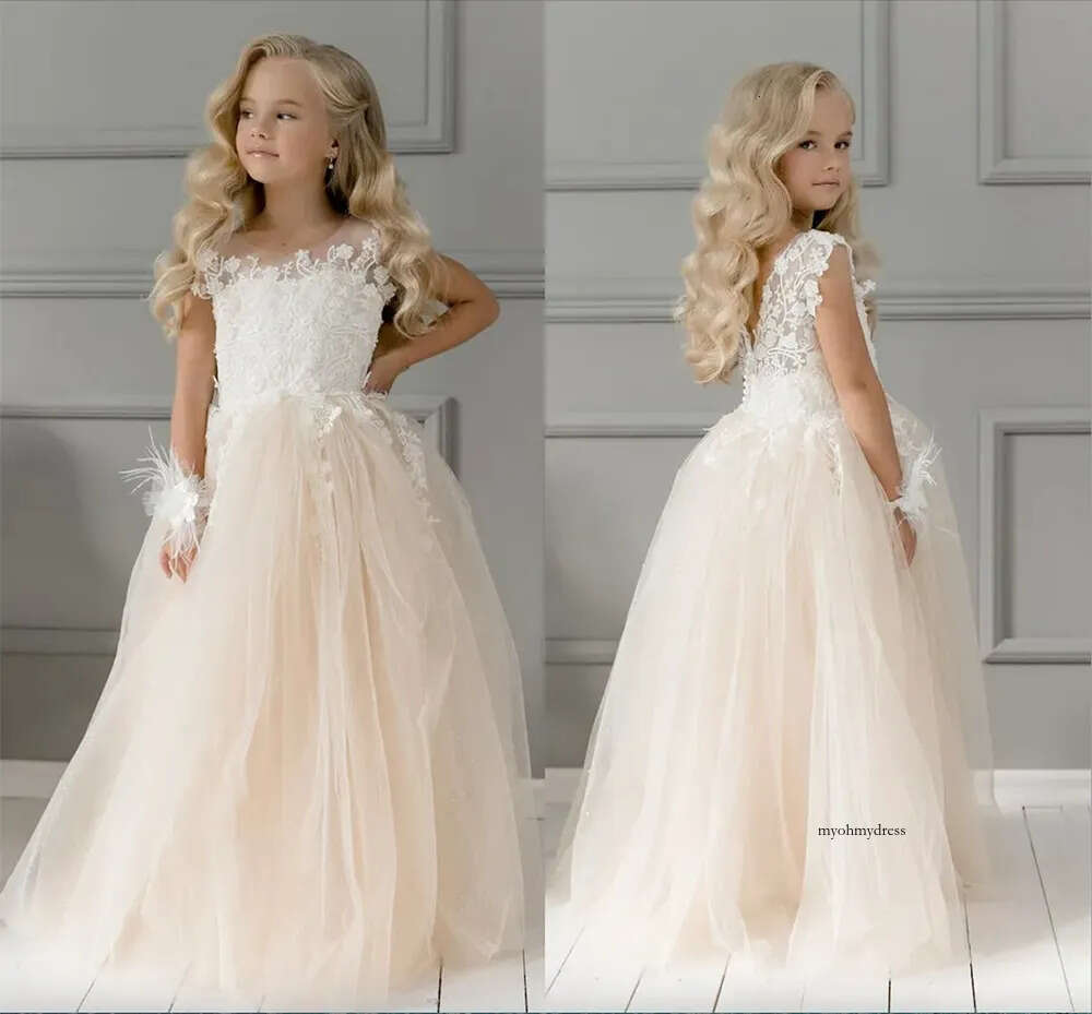 Cute Champagne Lace Flower Girl Bows Children's First Communion Princess Formal Tulle Ball Gown Wedding Party Dress 4-8 years 0509