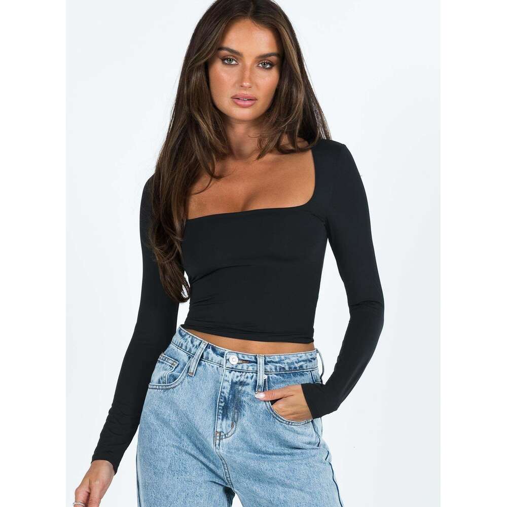 2024 New Women's Long sleeved Solid Color Open Navel Square Neck T-shirt Top F59 20