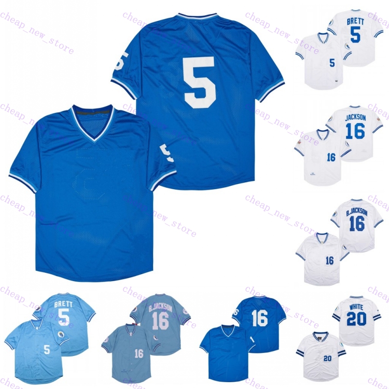 Cheap Baseball Jerseys 16 Jackson /5 Brett /20 WHITE 1985 1987 Vintage Retro White Light Blue Shirt Stitched