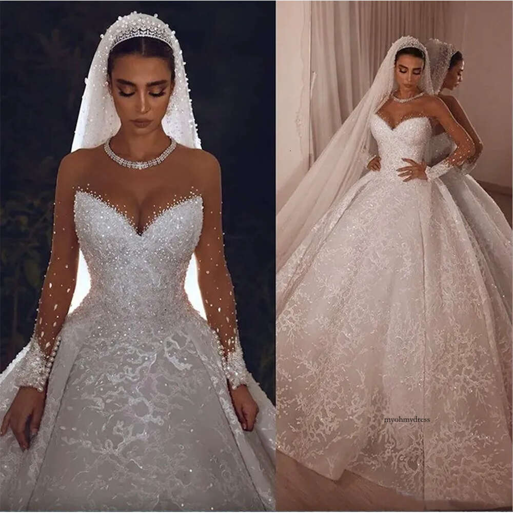 Arabic Vintage Wedding Dresses Crystals Sheer Long Sleeve Lace Beaded Ball Gown vestido de novia Bridal Dress 0509