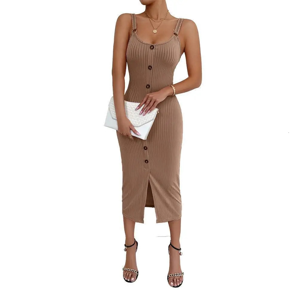 Green Women Knitte Bodycon Sling Dress Sleeveless Button Front Spit Slim Party Club Midi Dresses For 2024 Elegant Robe Female 240422