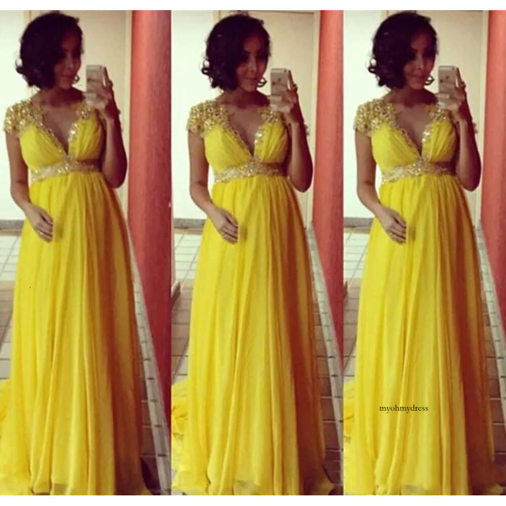 2021 Long Bridesmaid Elegant Evening for Pregnant Women Cap Sleeve lace chiffon Yellow Prom ocn Dresses 0509