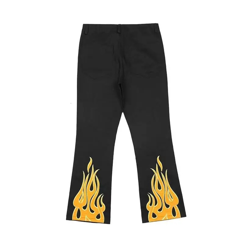 American high street men and women hip-hop personality flame printed straight leg jeans trendy micro flared casual pants y2k 240429