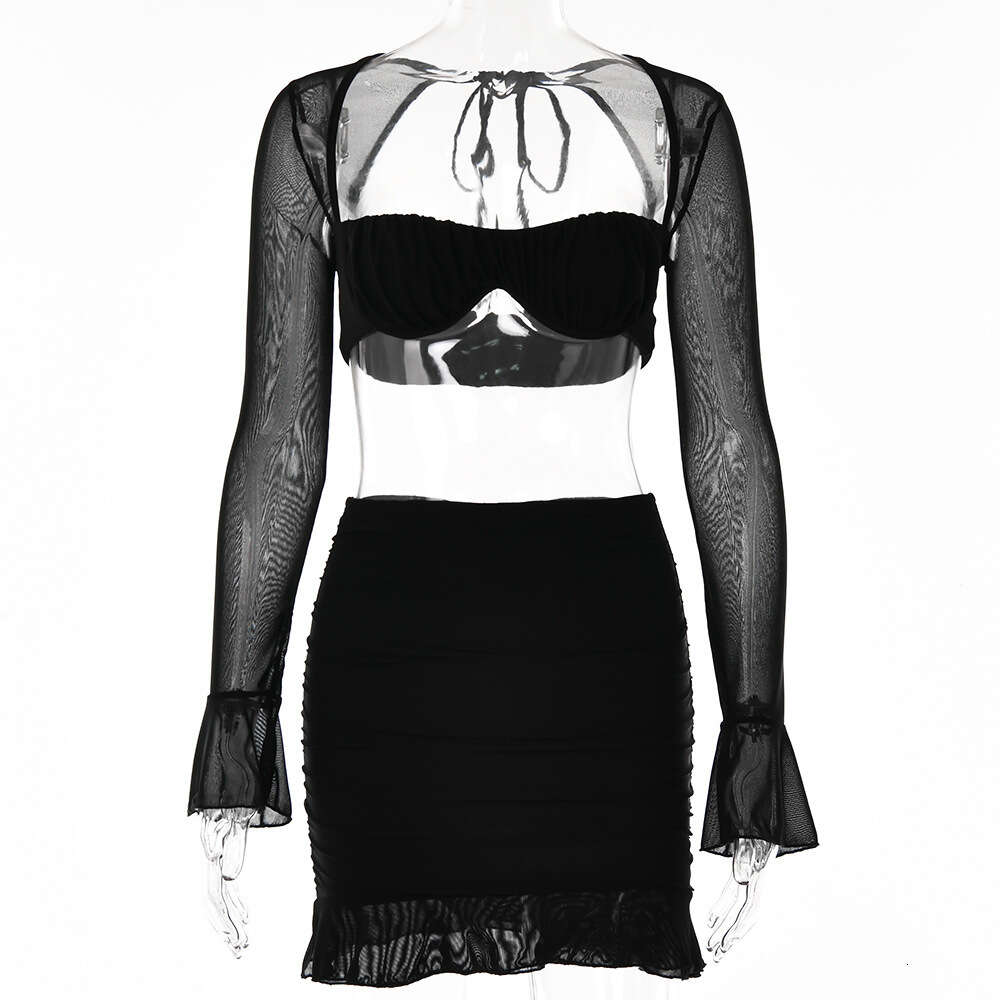 Sexy strapless two-piece for women's autumn new fashionable perspective mesh tie long sleeved short skirt set F5949