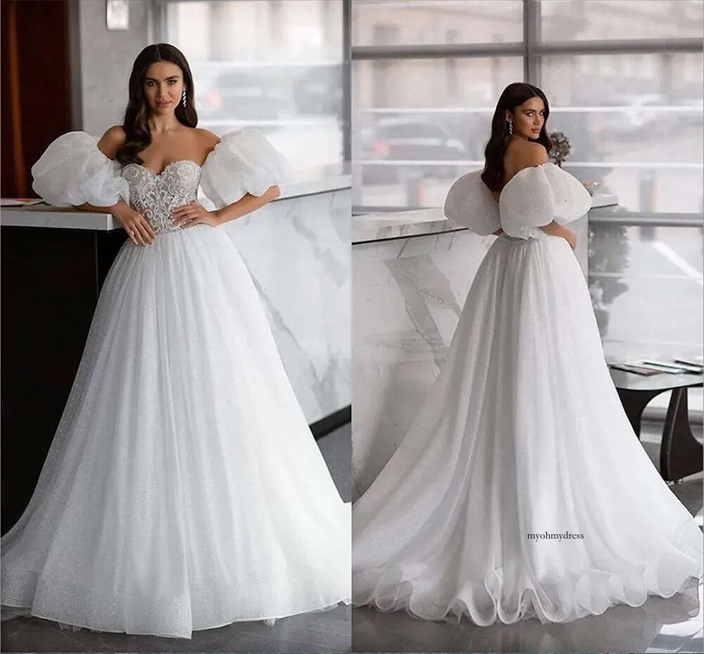 Dubai Arabic Puffy Lantern Sleeves A Line Wedding Dresses Sexy Sweetheart Lace Glitter Sequined Bridal Gowns Long Modest Reception Party Dress For Bri