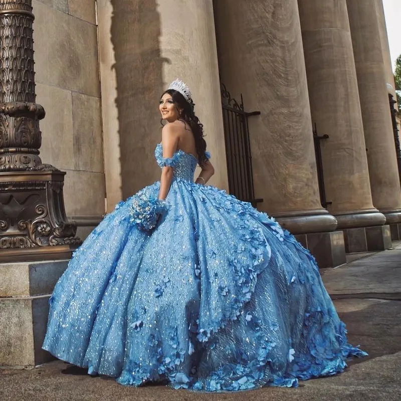 Sky Blue Quinceanera Prom Dresses 3D Flowers Sequin Sweet 15 Party Gowns Sparking Bead Ball Gown Junior Girls Pageant Dress