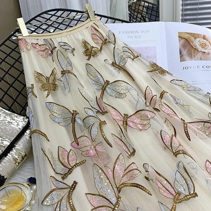 women Tulle Skirts Mesh High wais A line korean style autumn Elegant Sequin Embroidery Long Skirt Spring Summer Female 240506