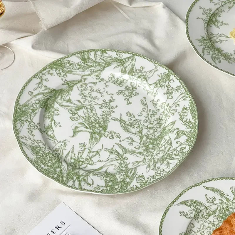 Dishes Plates European Style Jade Green Lily of The Valley Series High-end Exquisite Bone China Western Dining Plate Dessert Plate Tableware 240508 H2