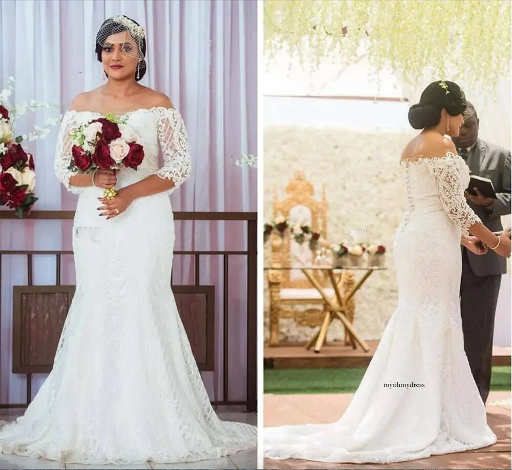 African Plus Size Dresses Off The Shoulder Lace Appliques Sweep Train Dubai Arabic Mermaid Wedding Dress Long Sleeve Bridal Gowns 0509