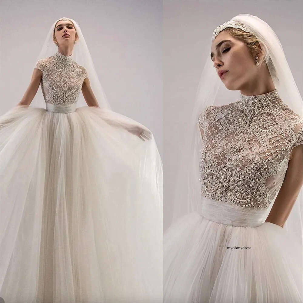 Muslim Mermaid Wedding Dress High Neck Lace Appliques Bridal Gowns Pearls Beads Custom Made Bride Dresses 0509