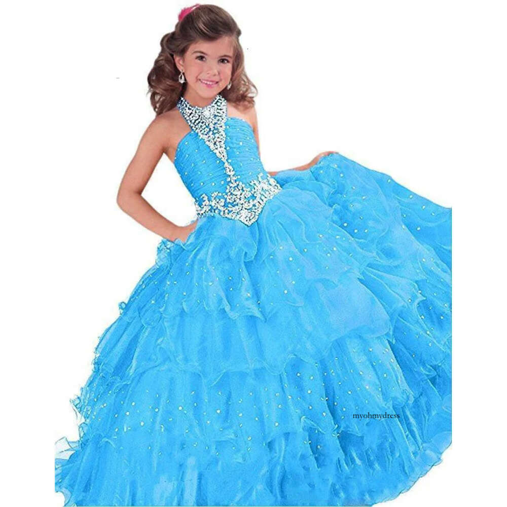 Ball Gown Royal Blue Red Orange Tulle Glitz Flower Girl For Weddings Beaded New Girls Pageant Dresses Little Toddler Kids 0509