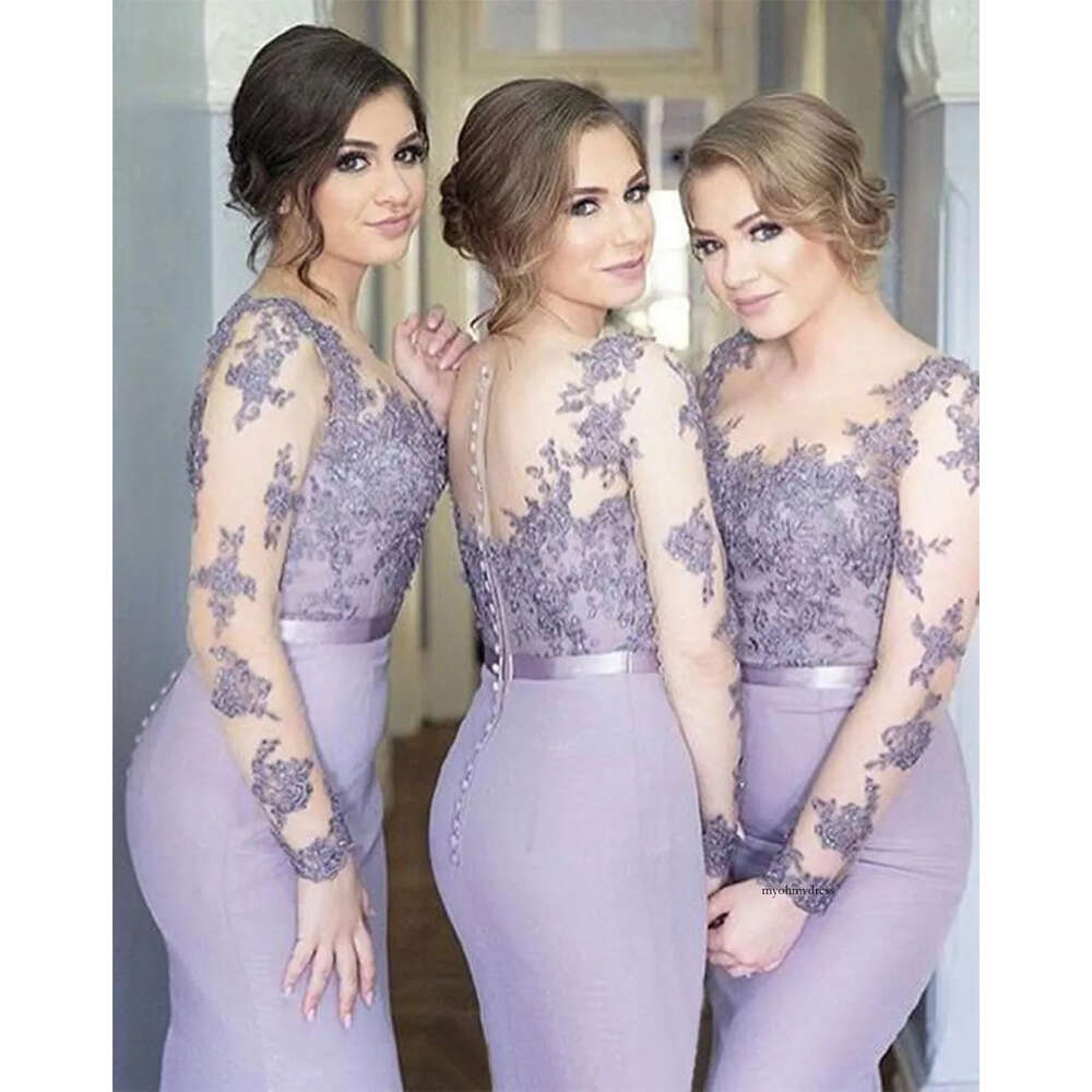 Lilac Sleeves Cheap Bridesmaid Illusion Under Mermaid Appliques Beaded Long Wedding Party Dresses 0509