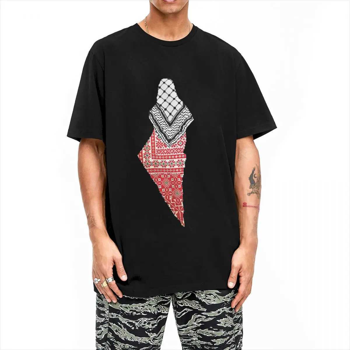 Men's T-Shirts Palestinian Keffiyeh Map Palestine Land T-shirt Mens Cotton Novelty T-shirt Round Neck T-shirt Short sleeved Silver Top Large T240