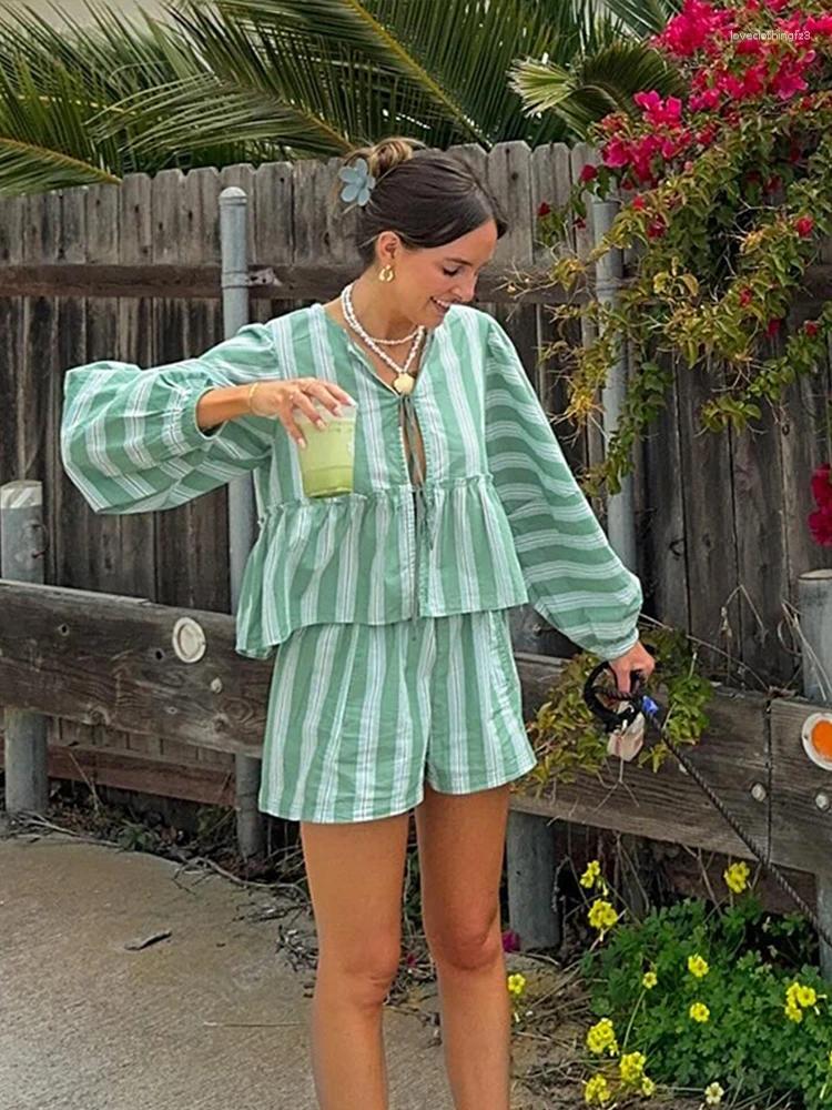 Striped Shorts Suit & Lace Up T-Shirts Set High Waist Wide Leg Pant Summer Holiday Collection
