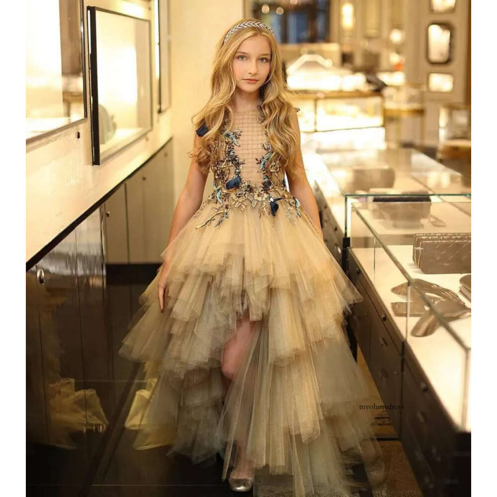 Amazing High Low Little Girls Pageant Dresses 3D Appliqued A Line Tiered Flower Girl Dress Sheer Neck Tulle Beading First Communion Gowns 0509