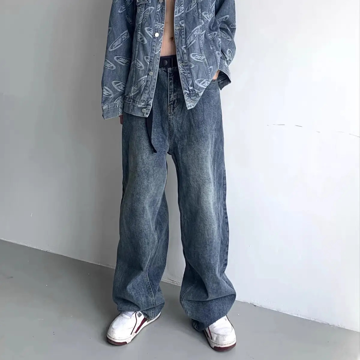 American street men and women hip-hop retro straight leg jeans spring and autumn personalized trend loose leg casual pants y2k 240429