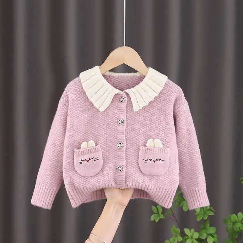 Sets Girls sweater cardigan spring 2023 new Korean girls single chest lapel jacket baby soft thick knit top Q240508