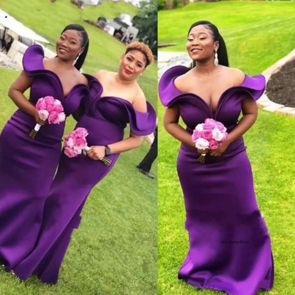 Regent Purple Dresses For Wedding 2021 Spring Summer Off Shoulder Satin Plus Size Maid Of Honor Gowns African Bridesmaid Dress 0509