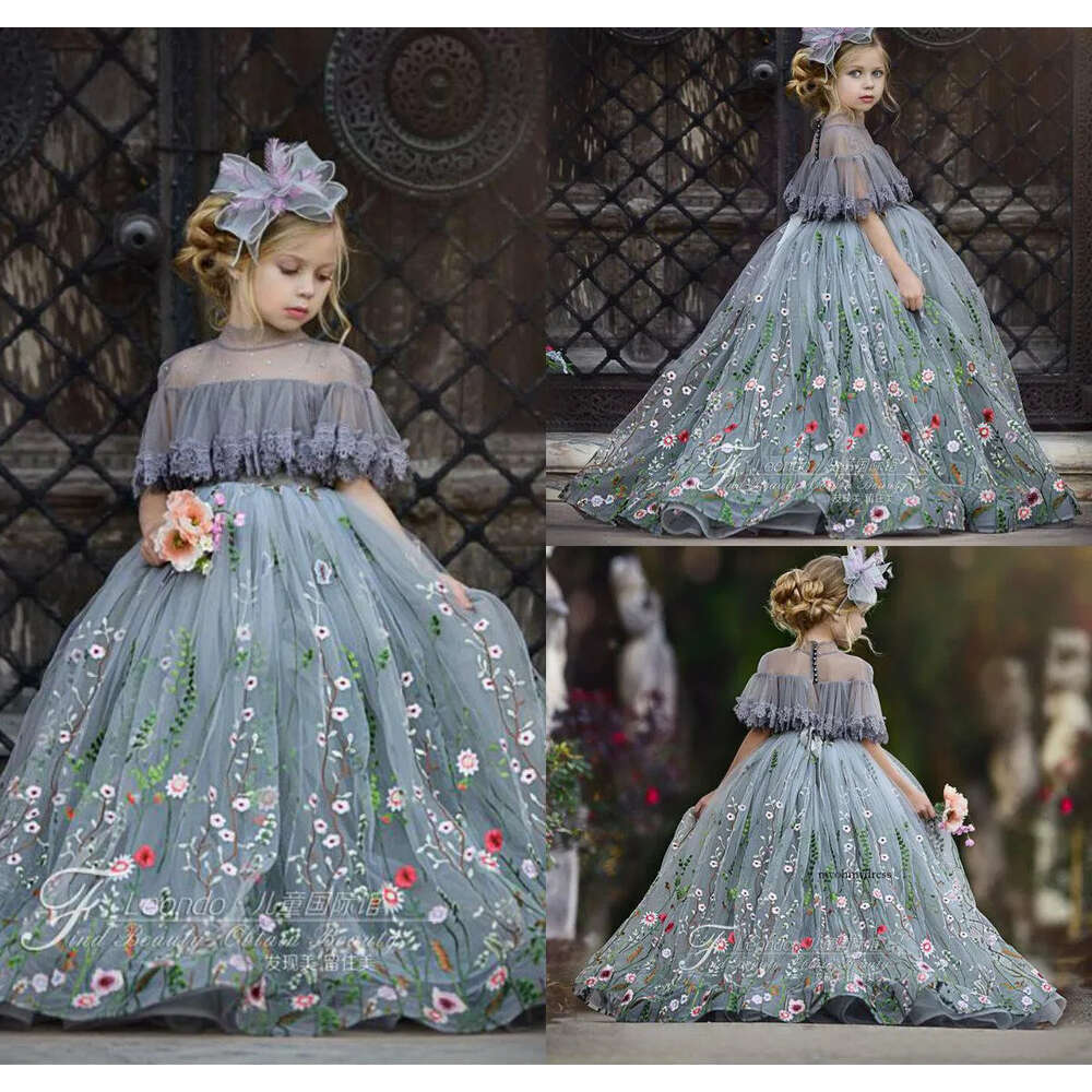 Cute Tulle Ball Gown Flower Girl Dresses Lace Applique High Neck Rhinestones Kids Pageant Dress Floor Length Girl's Birthday Party 0509