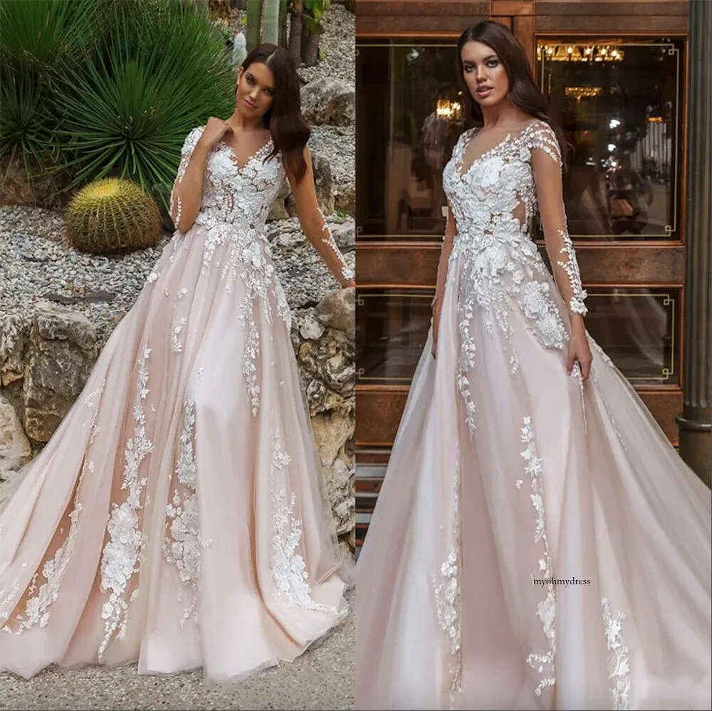 Wedding Dress Bridal Gowns Sheer Long Sleeves V Neck Embellished Lace Embroidered Romantic Princess Blush A Line Beach 0509
