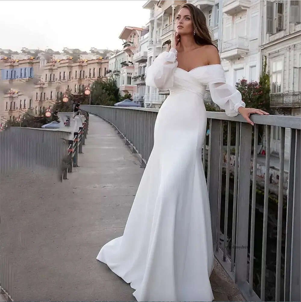 Satin Mermaid Wedding Dresses 2023 Long Fuff Sleeve Sexy Beach Bride Off The Shoulder Boho Bridal Gowns Vestidos De Noiva 0509
