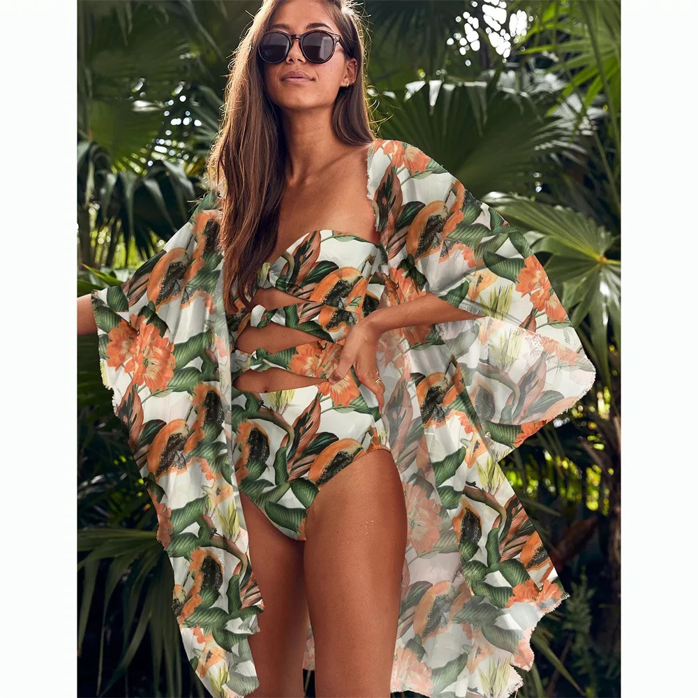 Bandage One Piece Swimsuit Women Swimwear Printed Monokini Floral Backless Bathing Suit Summer Beachwear Bikinis Cover Up 240509