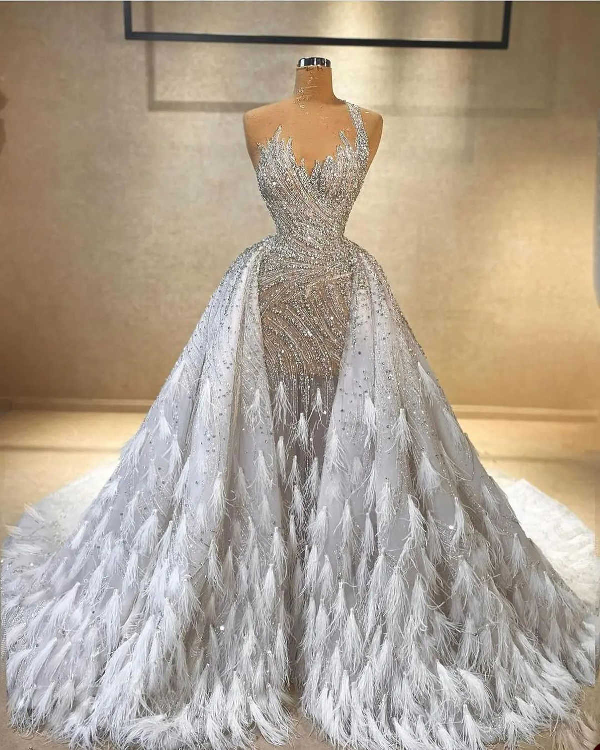 Luxury Mermaid Wedding Dresses Crystals Beads Sequins Designer Feathers Detachable Train Backless Custom Made Plus Size Bridal Gown Vestidos De Novia
