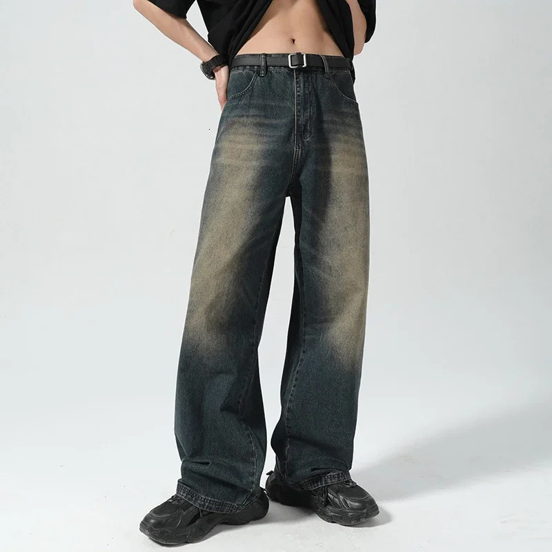 American Retro distressed jeans mens high street straight loose washed wide-leg denim trousers male streetwear 240429