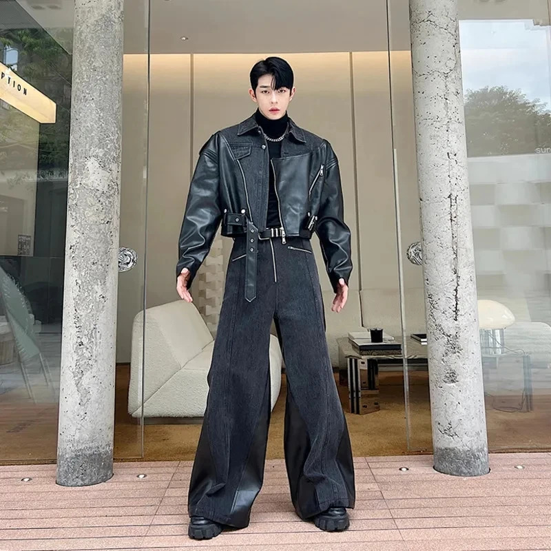 NOYMEI Irregular Washed Denim Patchwork Lapel Short Jacket Wide Leg Pants Mens Twp Pieces Set Autumn Male Suits WA3009 240429