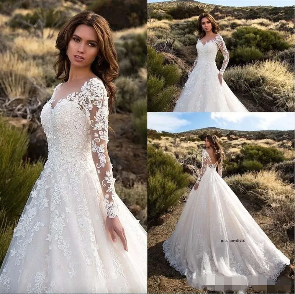 2024 Modest Long Sleeves A Line Dresses V Neck Lace Appliqued Sweep Train Plus Size Wedding Bride Gown vestido de novia 0509