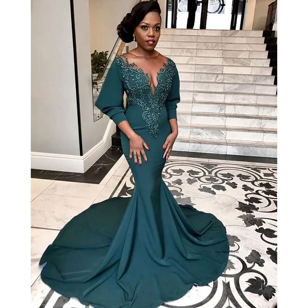 2021 Elegant Sheer V Neck Beaded Evening Long Sleeves Zipper Back Prom Dresses Mermaid Sweep Train Party Gowns Vestidos De Festa 0509