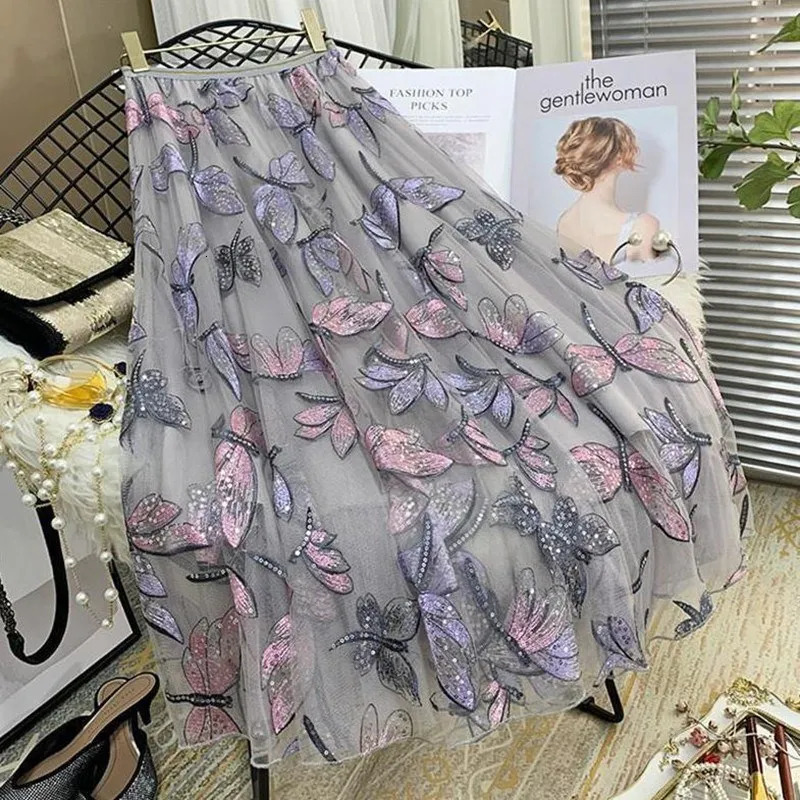 women Tulle Skirts Mesh High wais A line korean style autumn Elegant Sequin Embroidery Long Skirt Spring Summer Female 240506