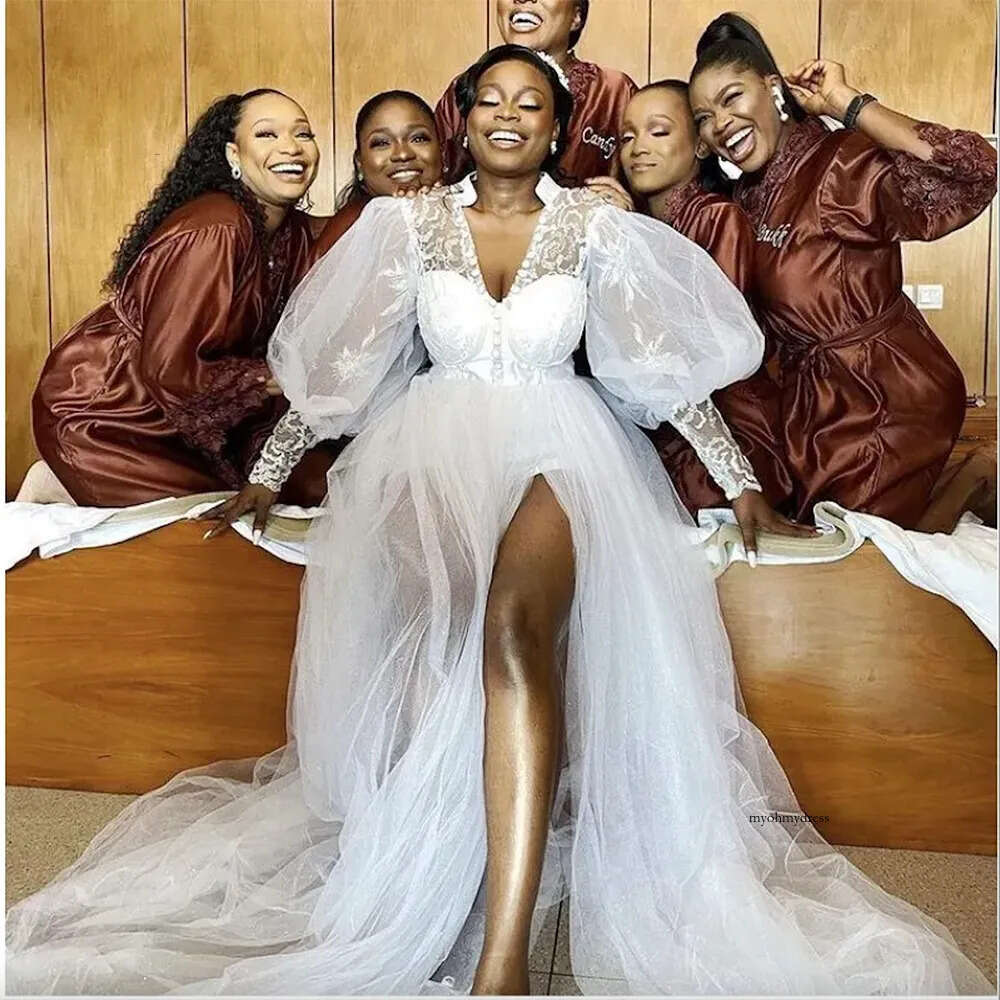 Beach Weding See through V Neck Buttons Side Split Tulle Bridal Dress vestidos de novia Long Sleeves Night Gowns 0509