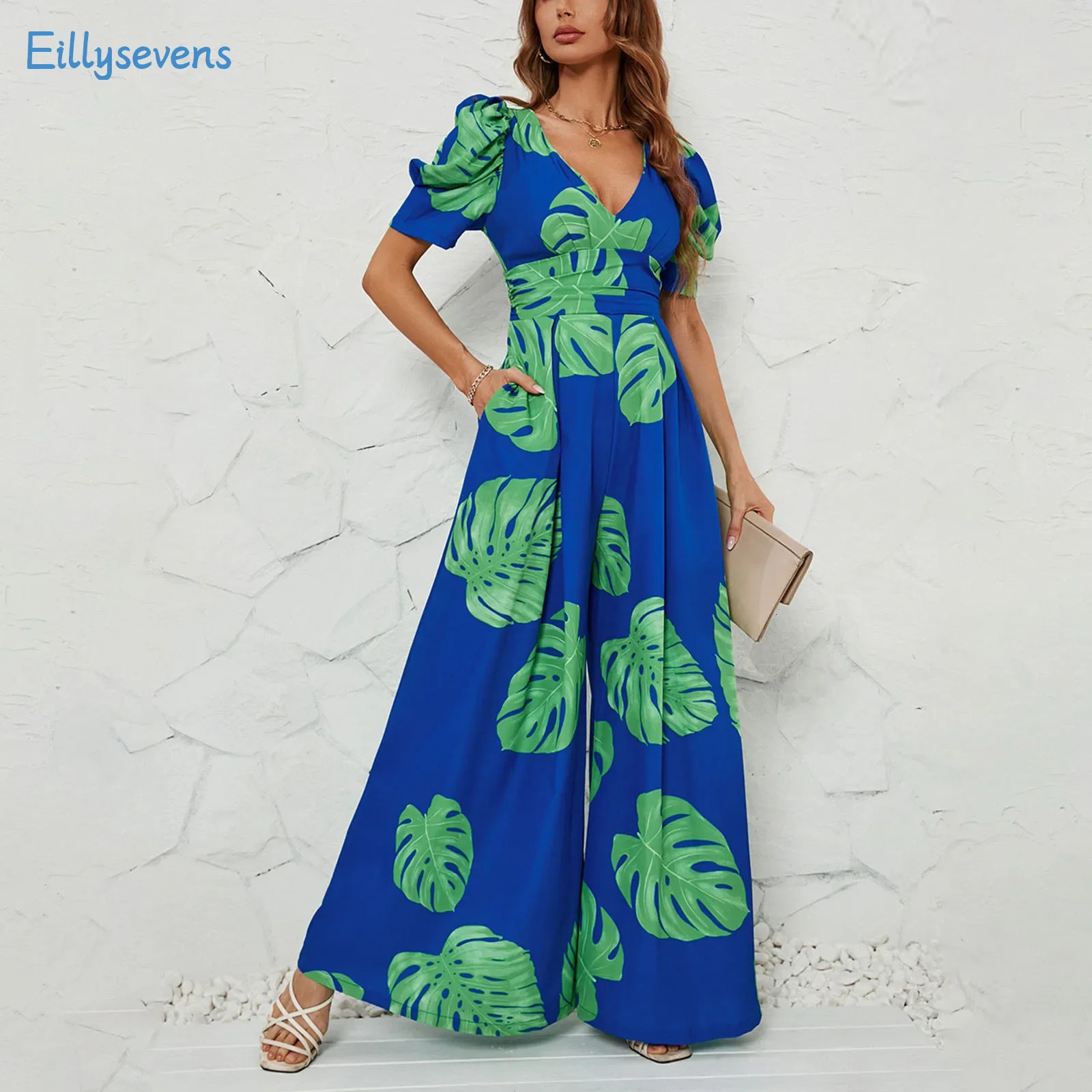 Casual Short Sleeve Jumpsuits Women Elegant Printed Wide Leg Pants Commuting Summer Holiday VNeck Long Rompers 240423