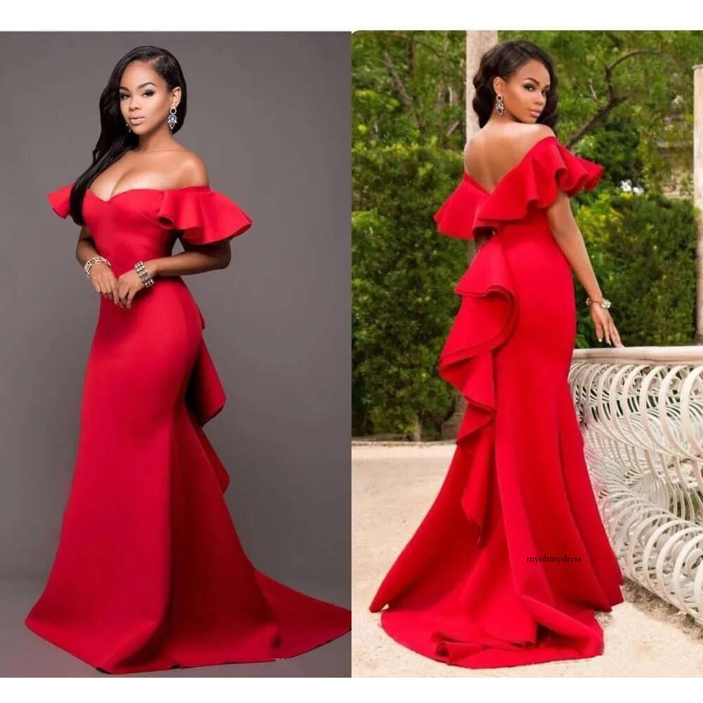 2021 Gorgeous Red Mermaid Bridesmaids Dresses Off the Shoulder Backless Maid of Honor Floor Length Satin Wedding Party Dress Plus Size Cheap 0509