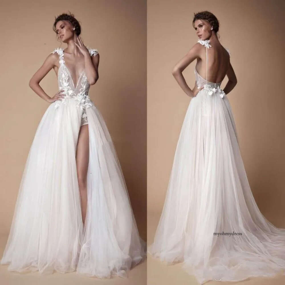 Sexy Backless 2022 Bohemian Boho Berta Dresses Lace 3D Appliqued A Line Deep V Neck Beach Bridal Gown Tulle Split Side Wedding Dress 0509