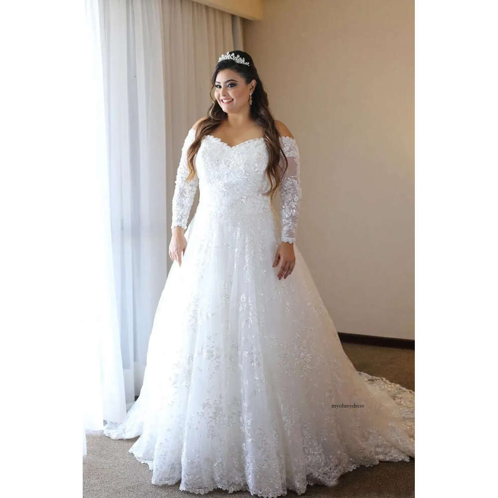 2021 Long Sleeve Plus Wedding Dresses Off Shoulder Sparkly Sequined Appliques Lace A Line See Through Back Bridal Gowns Custom Size 0509